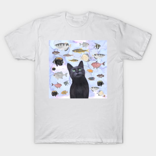 The Hungry Black Cat Gazing at a Fish Tank T-Shirt by andreeadumez